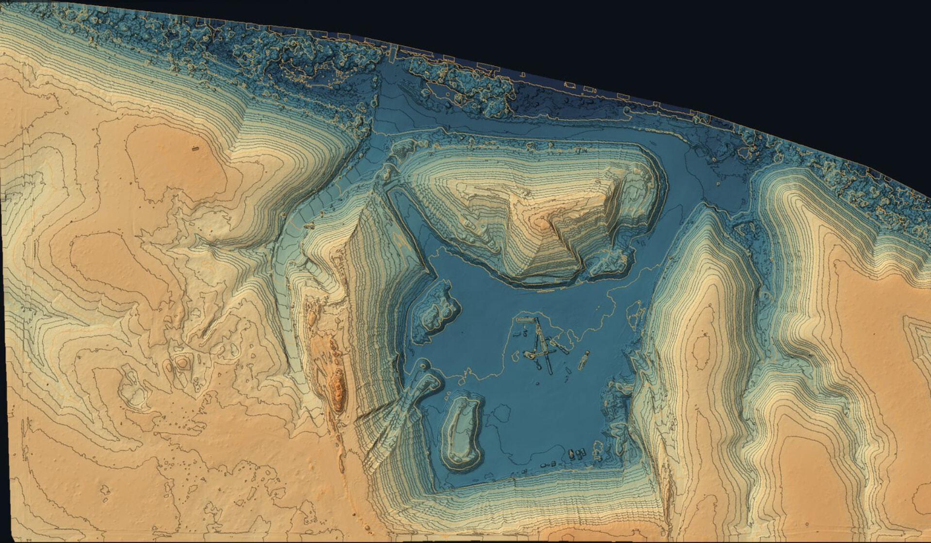 Hillshaded elevation map with 2 ft contours of an aggregate pit, from a Lurid X RTK-flown site model